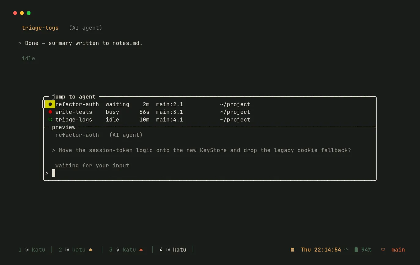 The agent picker listing three agents (waiting, busy, idle) with a live output preview of the highlighted one