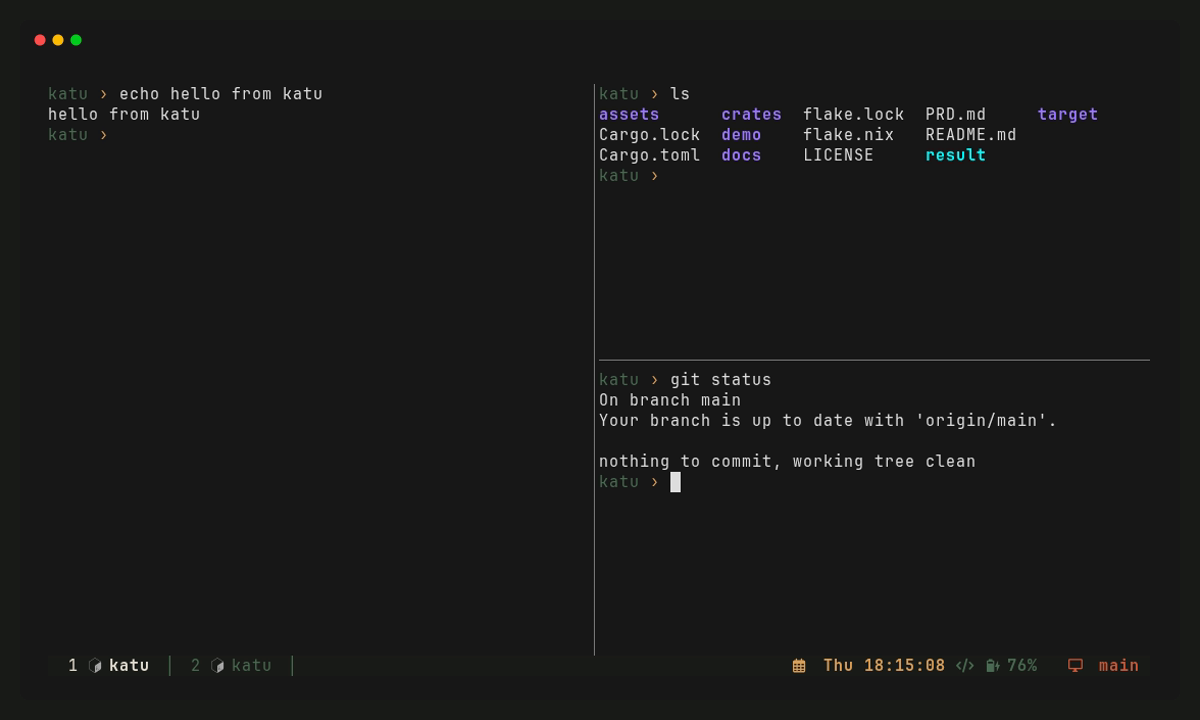 Two katu windows with splits and the katu status bar