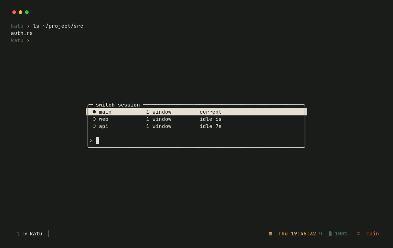 The session switcher listing main (current), web, and api with window counts and idle times